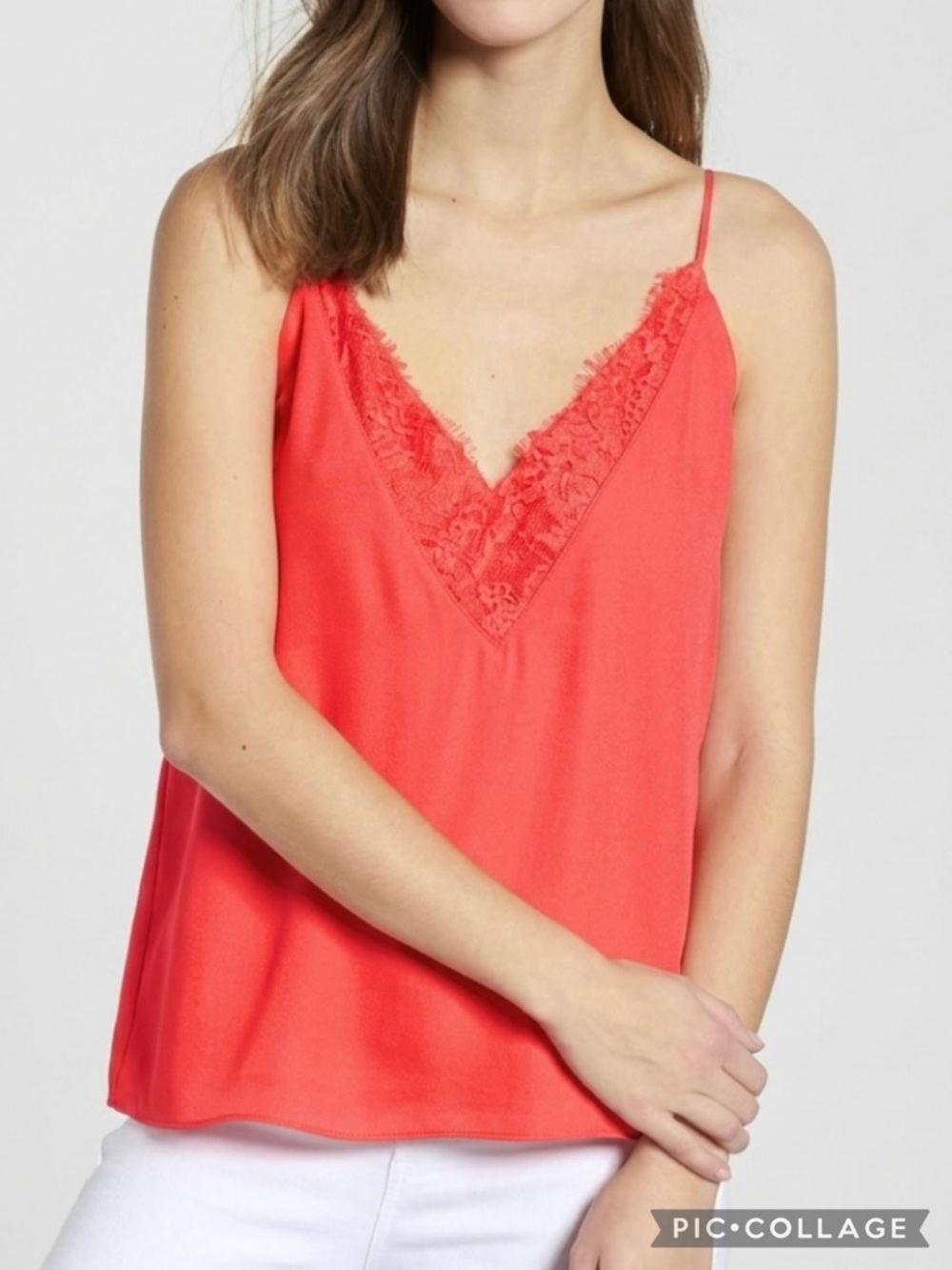Socialite Coral Lace V-Neck Chiffon Camisole M Romantic Quiet Luxury